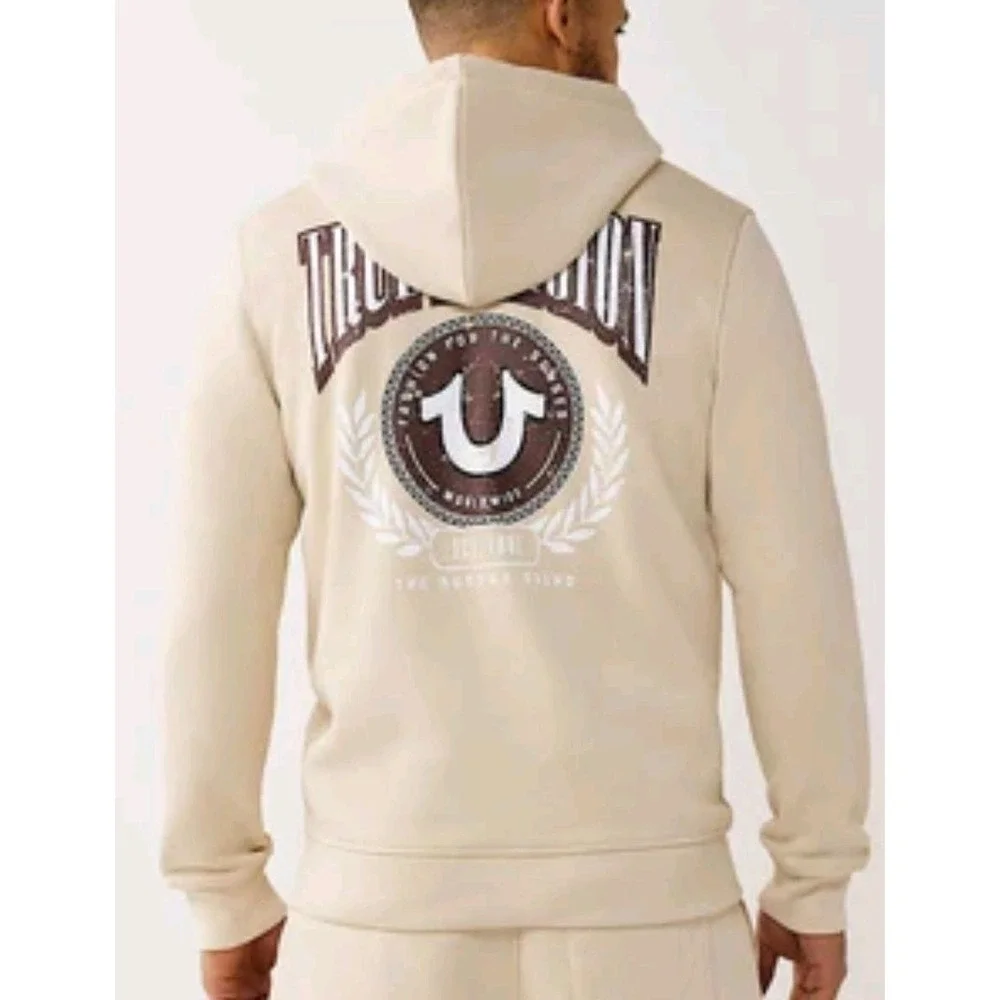 True Religion Men's L Beige Full Zip Hooded Hoodie w/ Pockets Logo Graphic